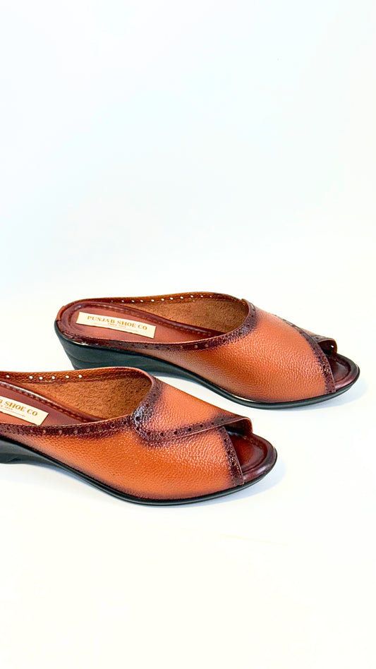 Women Beige & Tan Open-Toe Mules with Brogue Detail