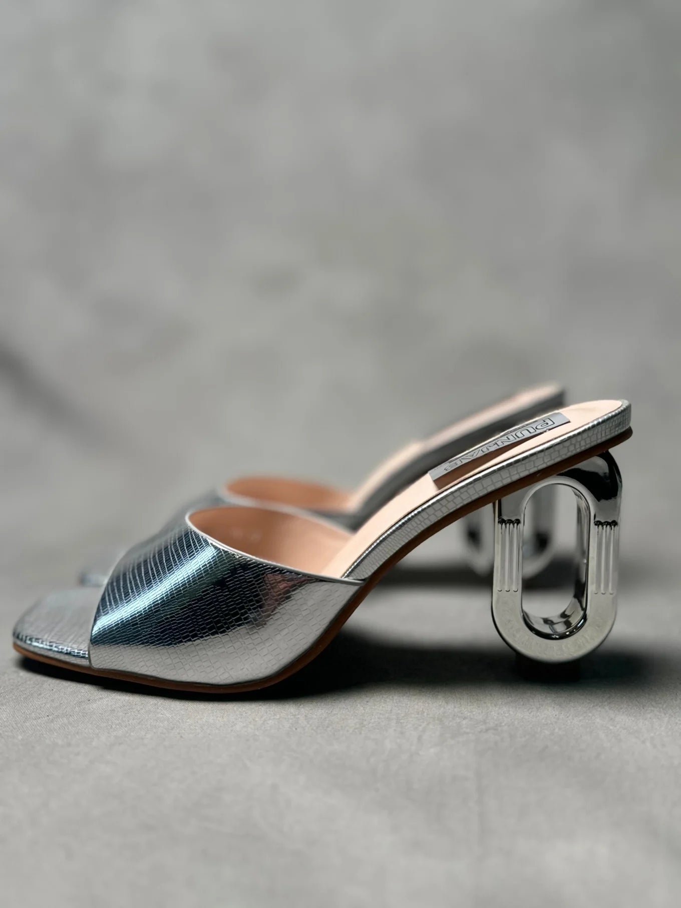 Side View of Silver Snakeskin High Heel Mules with Comfortable Heel