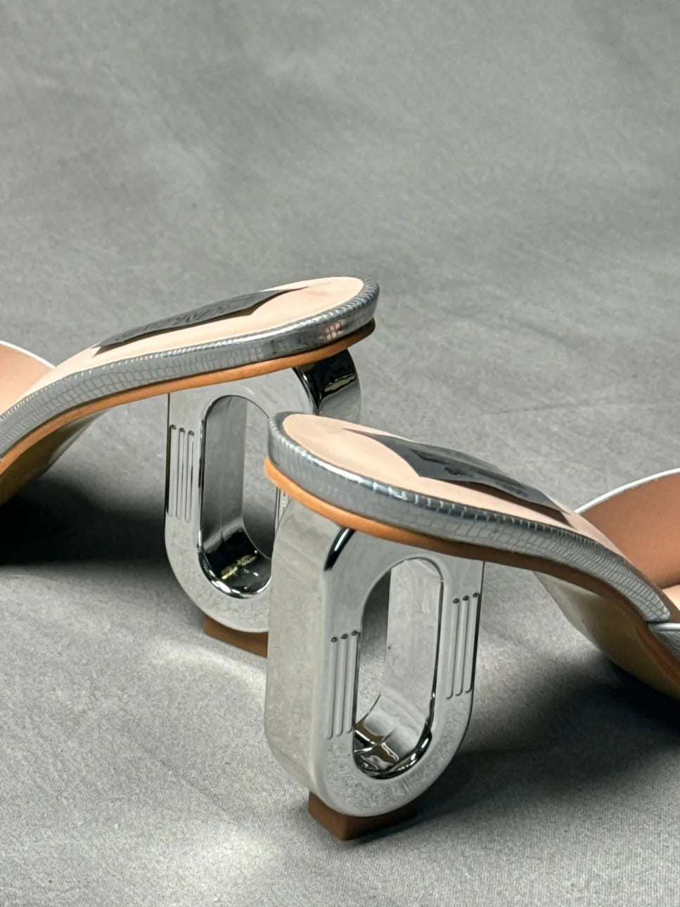 Shimmering Silver Snakeskin High Heel Mules with Open Toe and Chic Heel