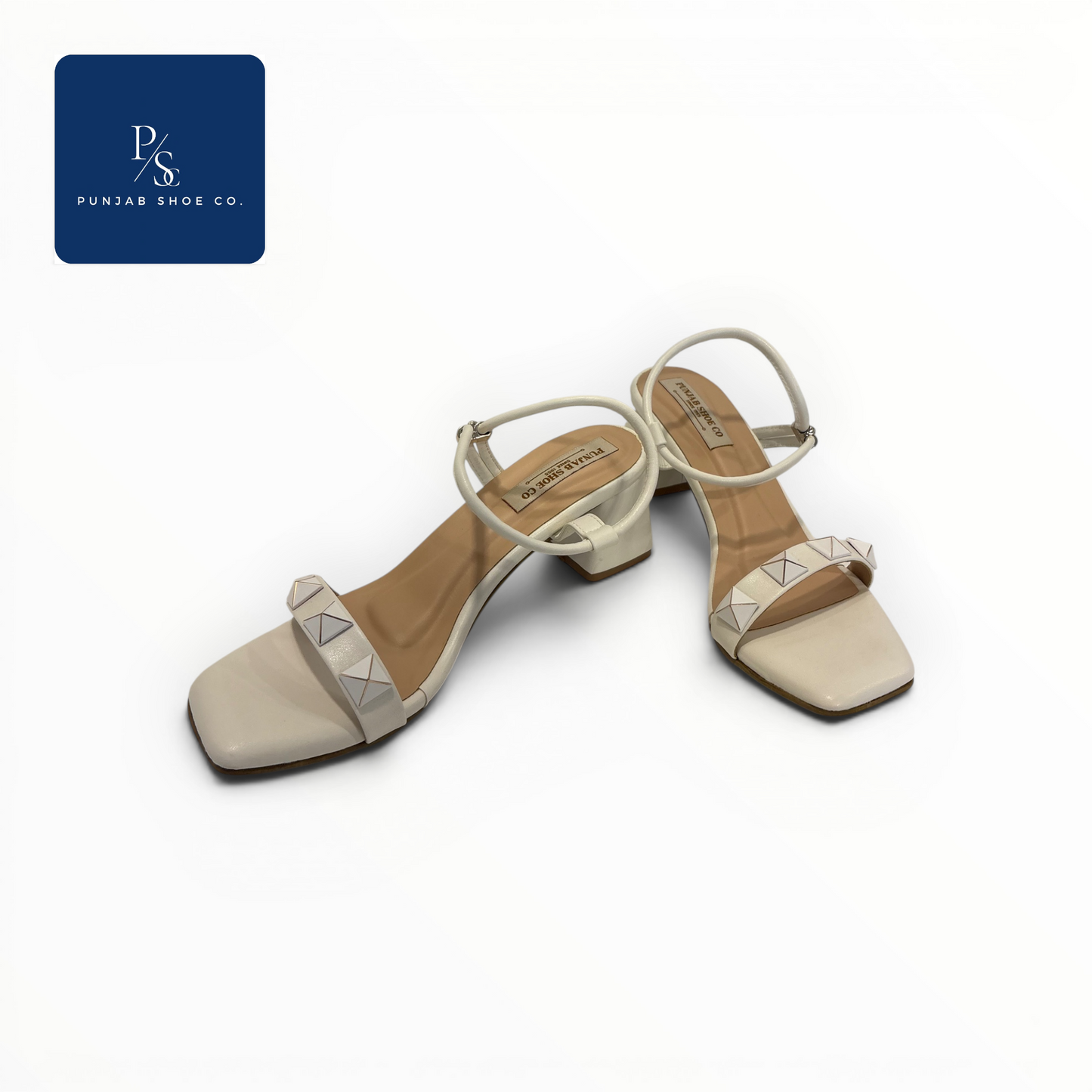 Studded Square Toe Heeled Sandals with Ankle Strap