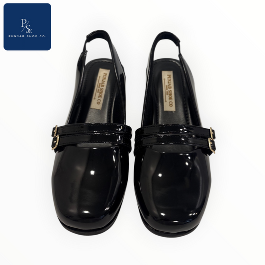 Women Black Slingback Patent Loafers with Buckle