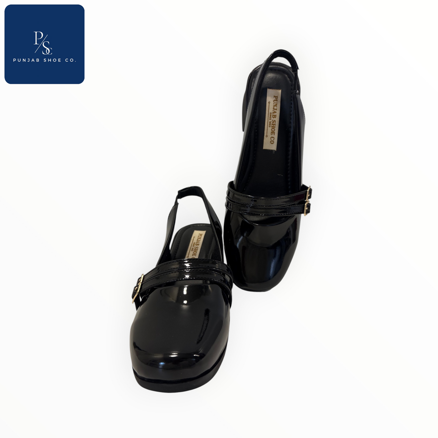 Women Black Slingback Patent Loafers with Buckle