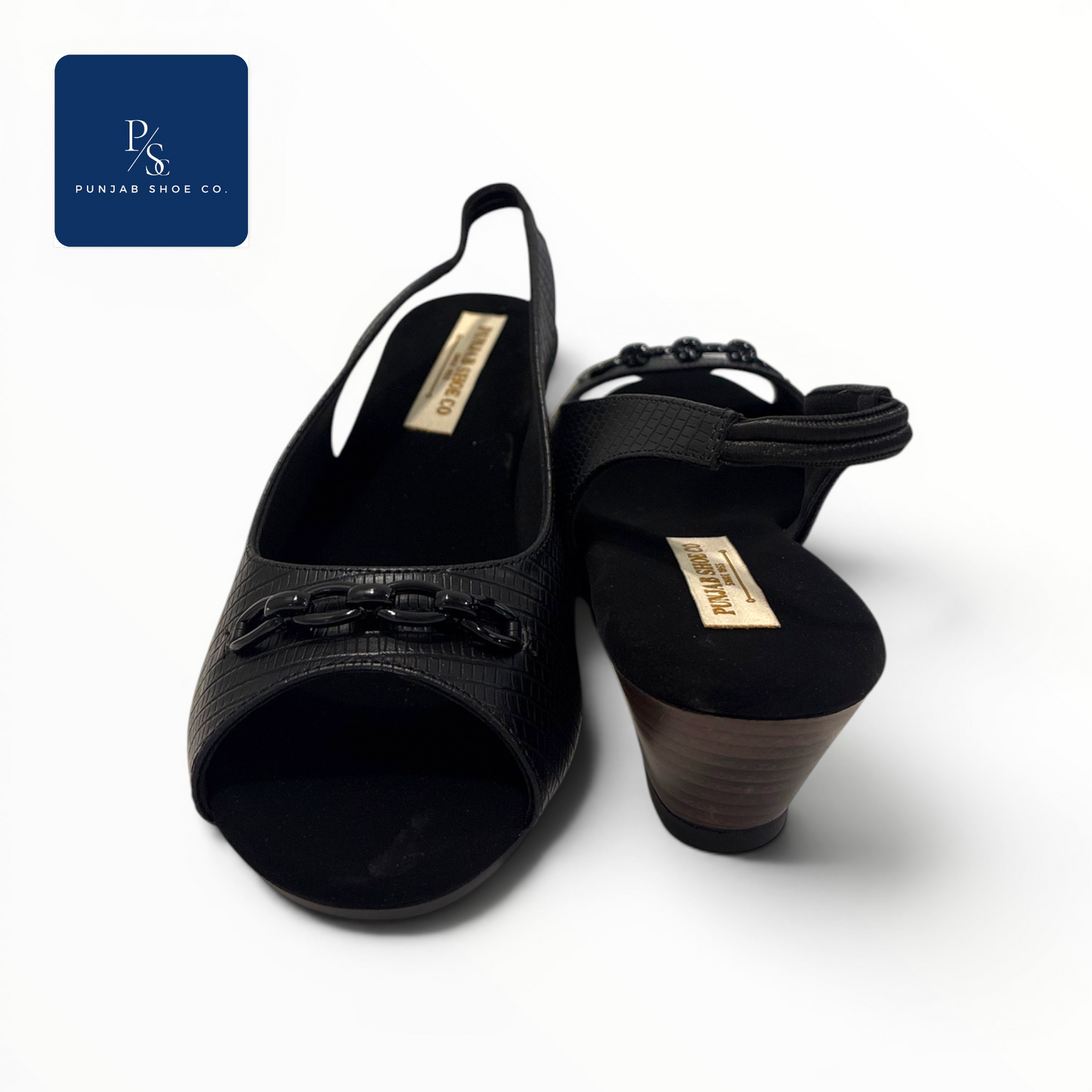 Textured Peep Toe Slingback Heels
with Chain Detail in Black for Women
— Punjab Shoe Co. Kamla Nagar Delhi