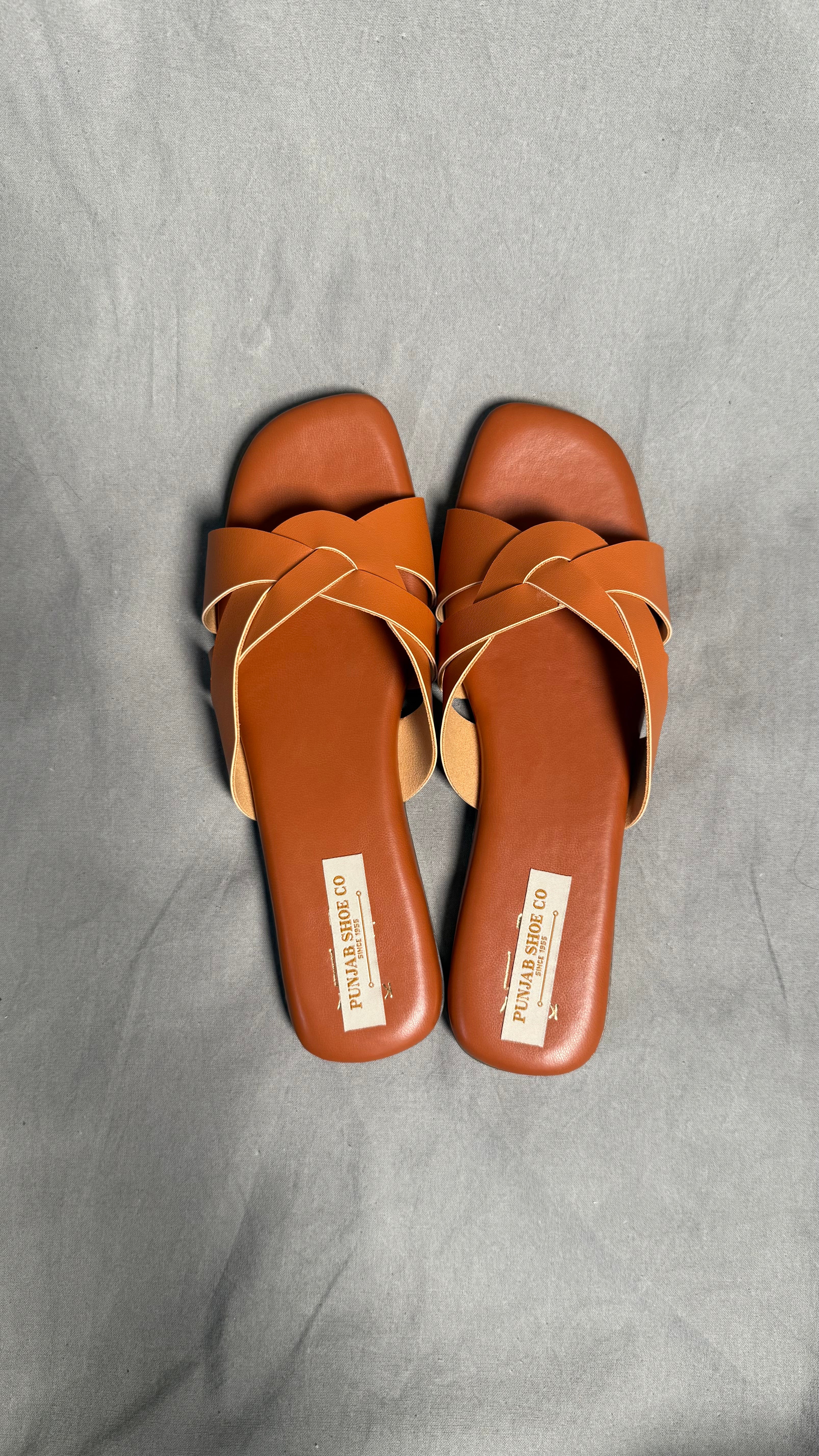 Slip-On Flats for Women with Cross Strap Design Tan colour