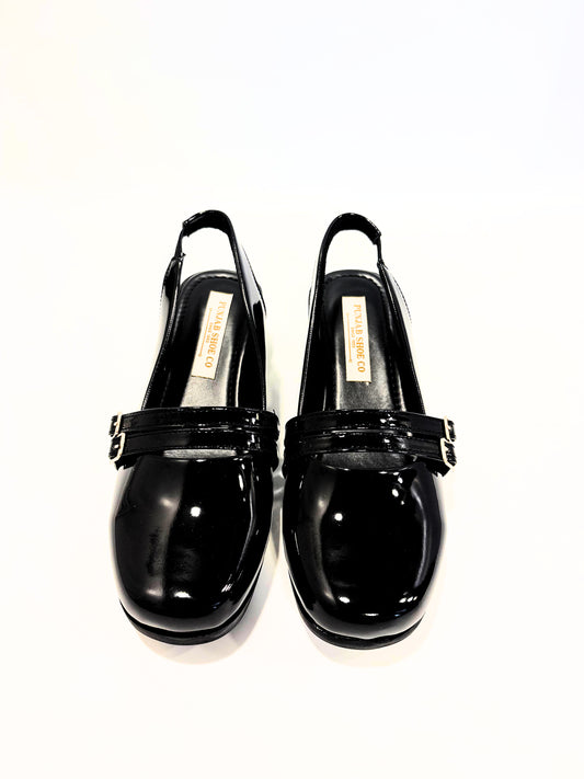 Women Black Slingback Patent Loafers with Buckle