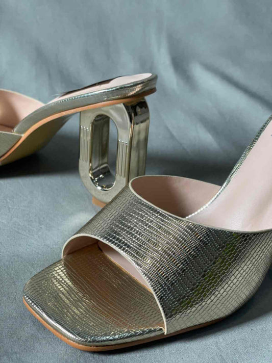 Close-up of Golden Snakeskin Pattern Heels with metallic gold shimmer and exotic snakeskin texture.