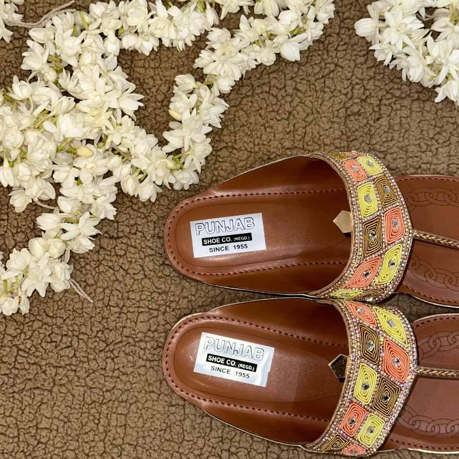 Orange and Yellow Embellished Kolhapuri Chappal - Punjab Shoe Co.