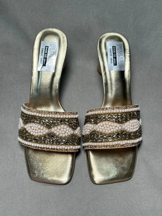 Open Toe Golden Mules with Luxurious Embellishments and Soft Insole