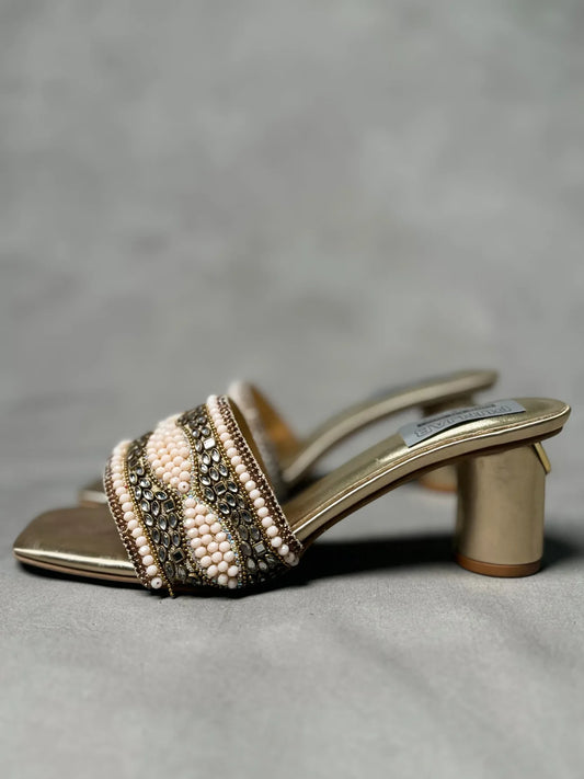Side View of Golden Mules with Stunning Rhinestone Detailing