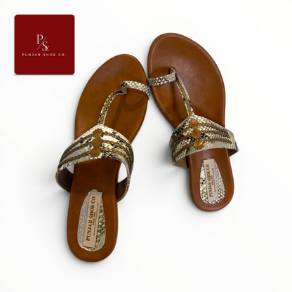 Snakeskin Cross-Strap Toe Ring Flat 
Sandals with Gold Chain Detail in 
Natural Beige for Women — Punjab 
Shoe Co. Kamla Nagar Delhi