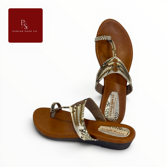 Snakeskin Cross-Strap Toe Ring Flat 
Sandals with Gold Chain Detail in 
Natural Beige for Women — Punjab 
Shoe Co. Kamla Nagar Delhi