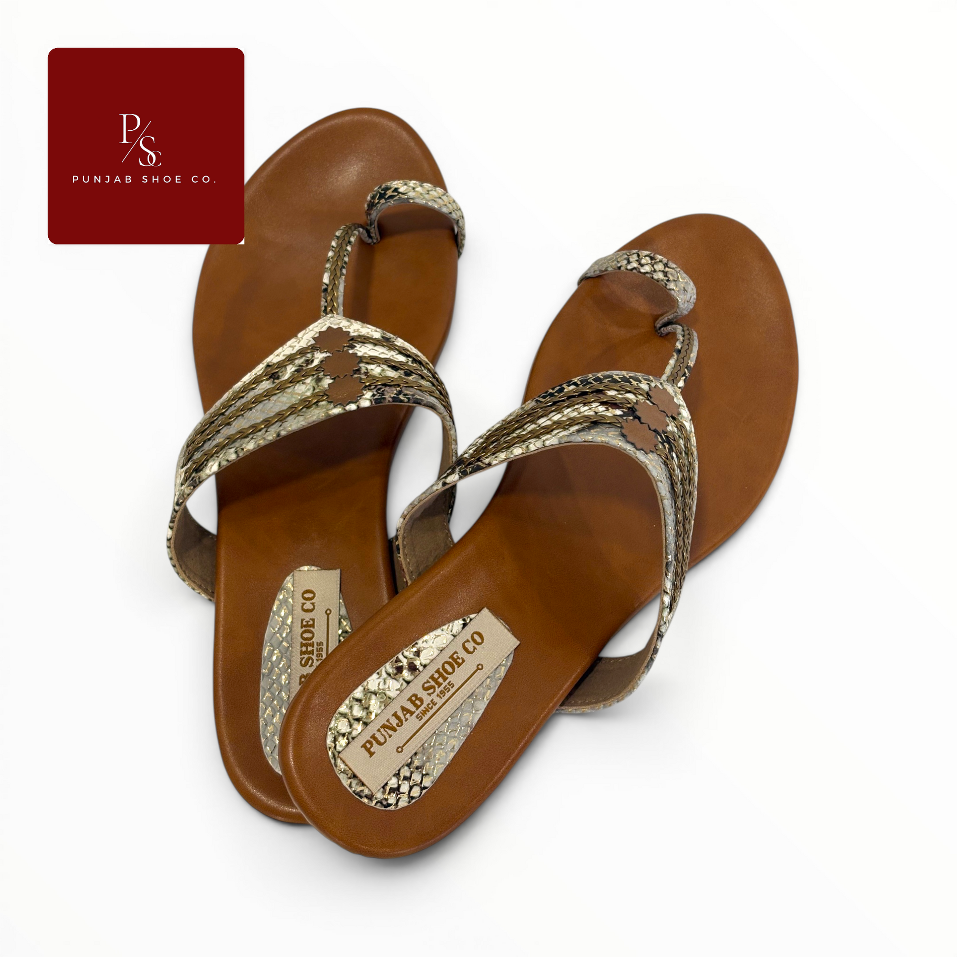 Snakeskin Cross-Strap Toe Ring Flat 
Sandals with Gold Chain Detail in 
Natural Beige for Women — Punjab 
Shoe Co. Kamla Nagar Delhi