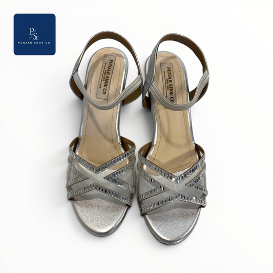 Crystal Embellished Silver Block Heel Sandals for Women Punjab Shoe Co. 
Delhi