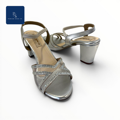 Crystal Embellished Silver Block Heel 
Sandals for Women Punjab Shoe Co. 
Kamla Nagar Delhi