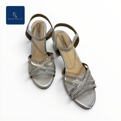 Crystal Embellished Silver Block Heel 
Sandals for Women Punjab Shoe Co.  Delhi