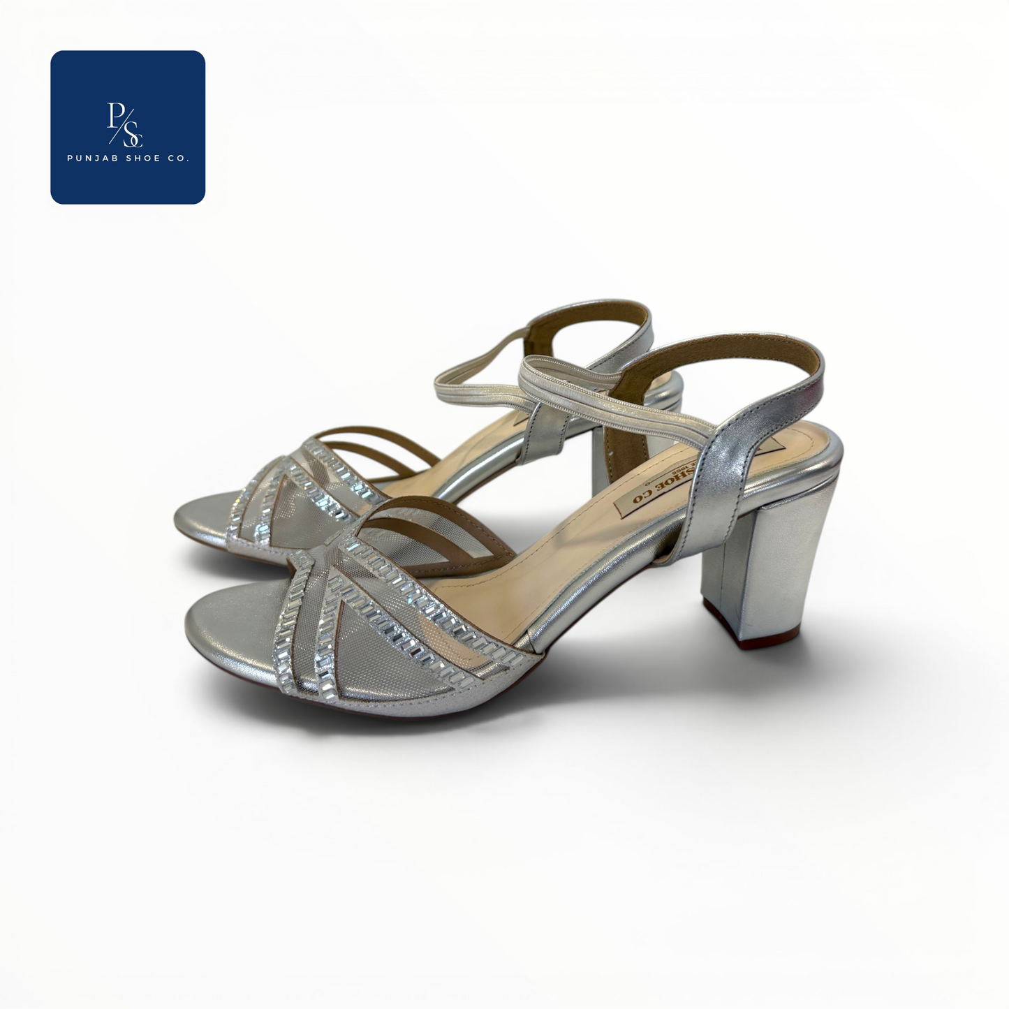 Crystal Embellished Silver Block Heel 
Sandals for Women Punjab Shoe Co. 
Kamla Nagar Delhi