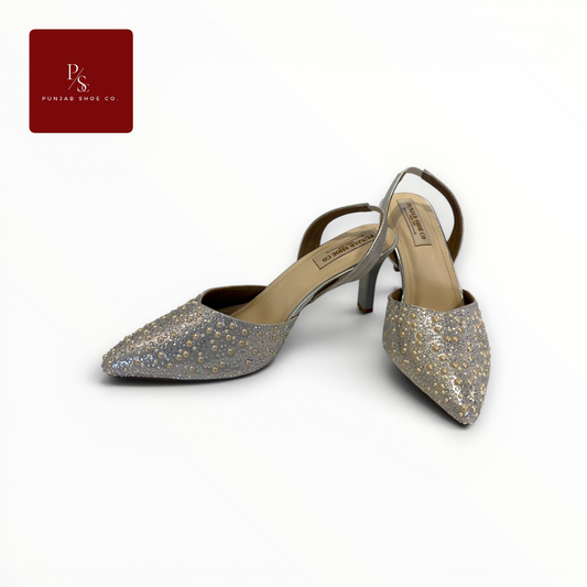 Pearl and Crystal Embellished 
Pointed Toe Slingback Heels in 
Silver Champagne for Women — 
Punjab Shoe Co. Kamla Nagar Delhi