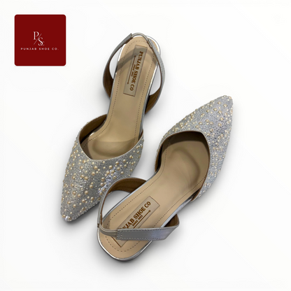 Pearl and Crystal Embellished 
Pointed Toe Slingback Heels in 
Silver Champagne for Women — 
Punjab Shoe Co. Kamla Nagar Delhi