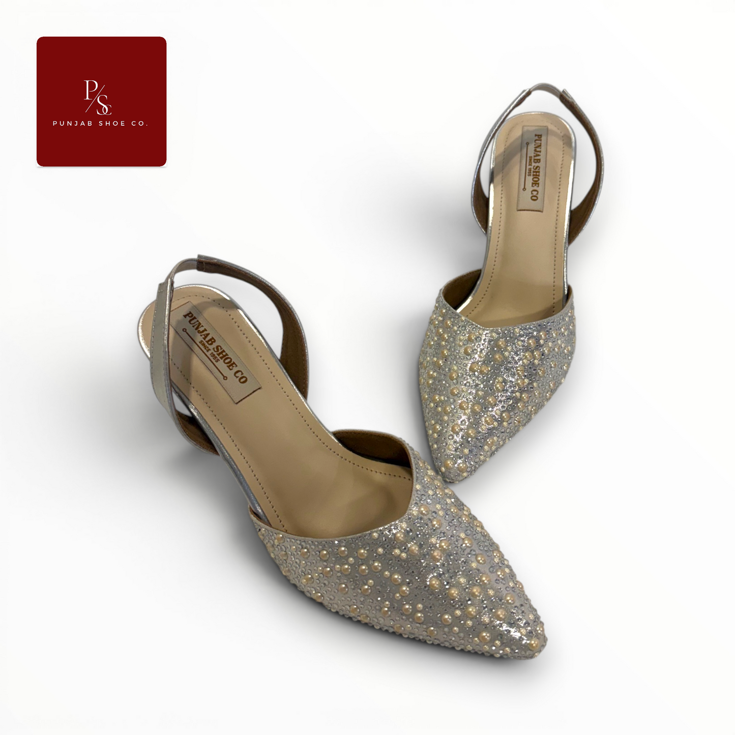 Pearl and Crystal Embellished 
Pointed Toe Slingback Heels in 
Silver Champagne for Women — 
Punjab Shoe Co. Kamla Nagar Delhi