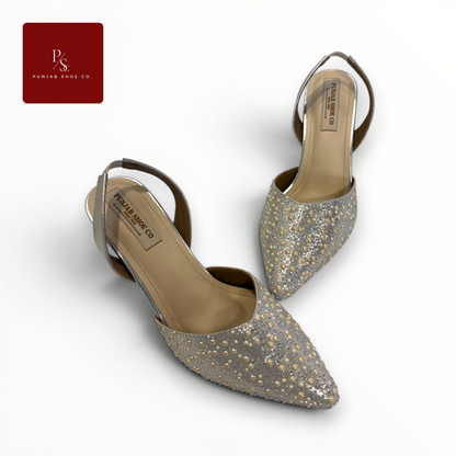 Pearl and Crystal Embellished 
Pointed Toe Slingback Heels in 
Silver Champagne for Women — 
Punjab Shoe Co. Kamla Nagar Delhi