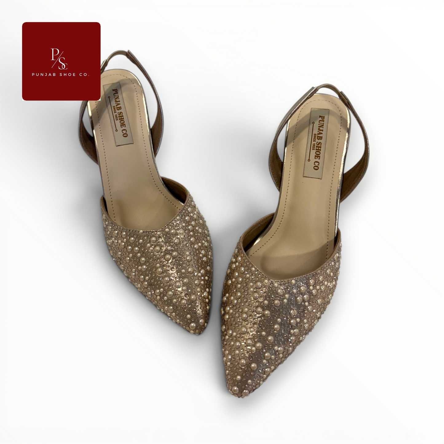 Pearl and Crystal Embellished 
Pointed Toe Slingback Heels in 
Gold for Women — Punjab Shoe Co. 
Kamla Nagar Delhi