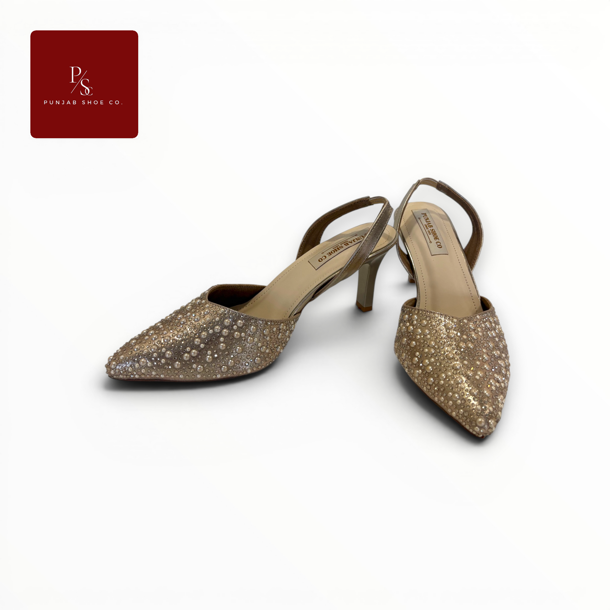 Pearl and Crystal Embellished 
Pointed Toe Slingback Heels in 
Gold for Women — Punjab Shoe Co. 
Kamla Nagar Delhi