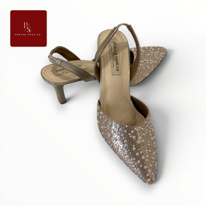 Pearl and Crystal Embellished 
Pointed Toe Slingback Heels in 
Gold for Women — Punjab Shoe Co. 
Kamla Nagar Delhi