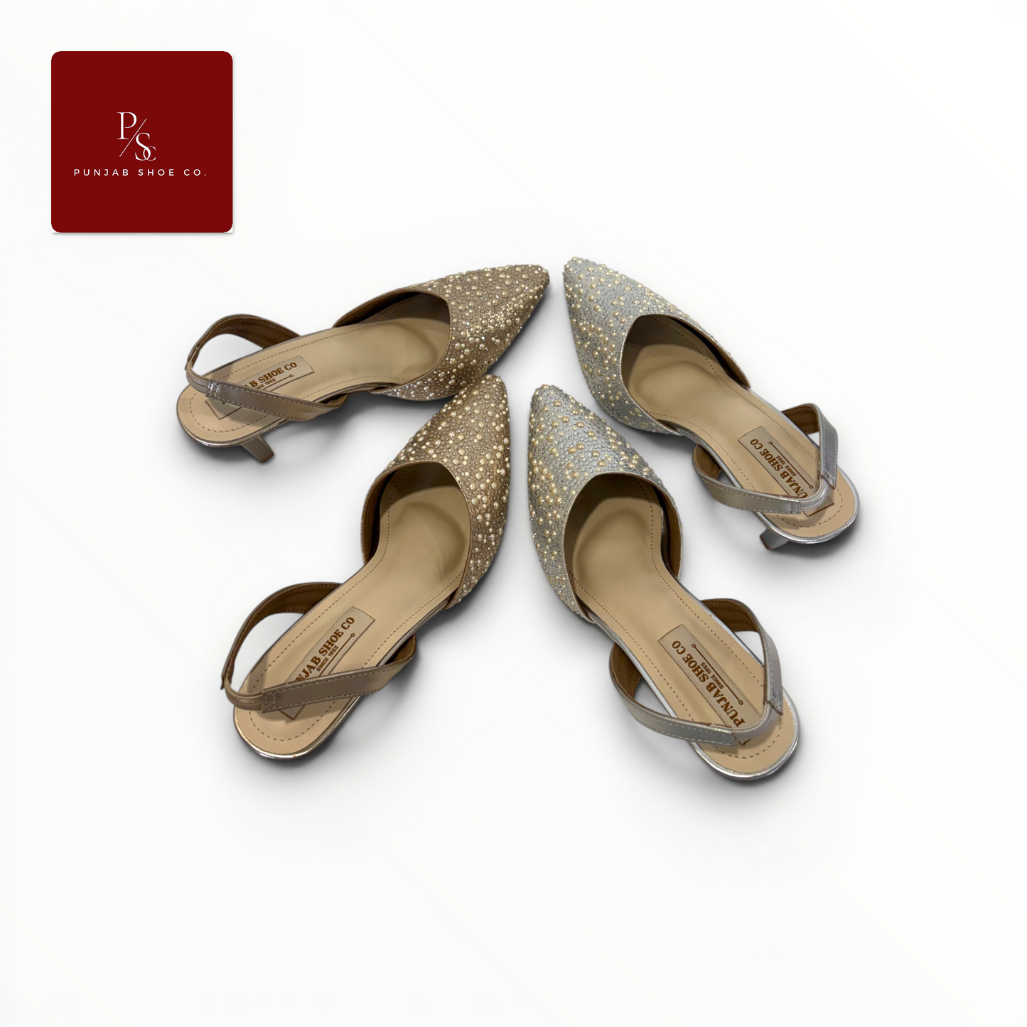 Pearl and Crystal Embellished 
Pointed Toe Slingback Heels in silver and
Gold for Women — Punjab Shoe Co. 
Kamla Nagar Delhi