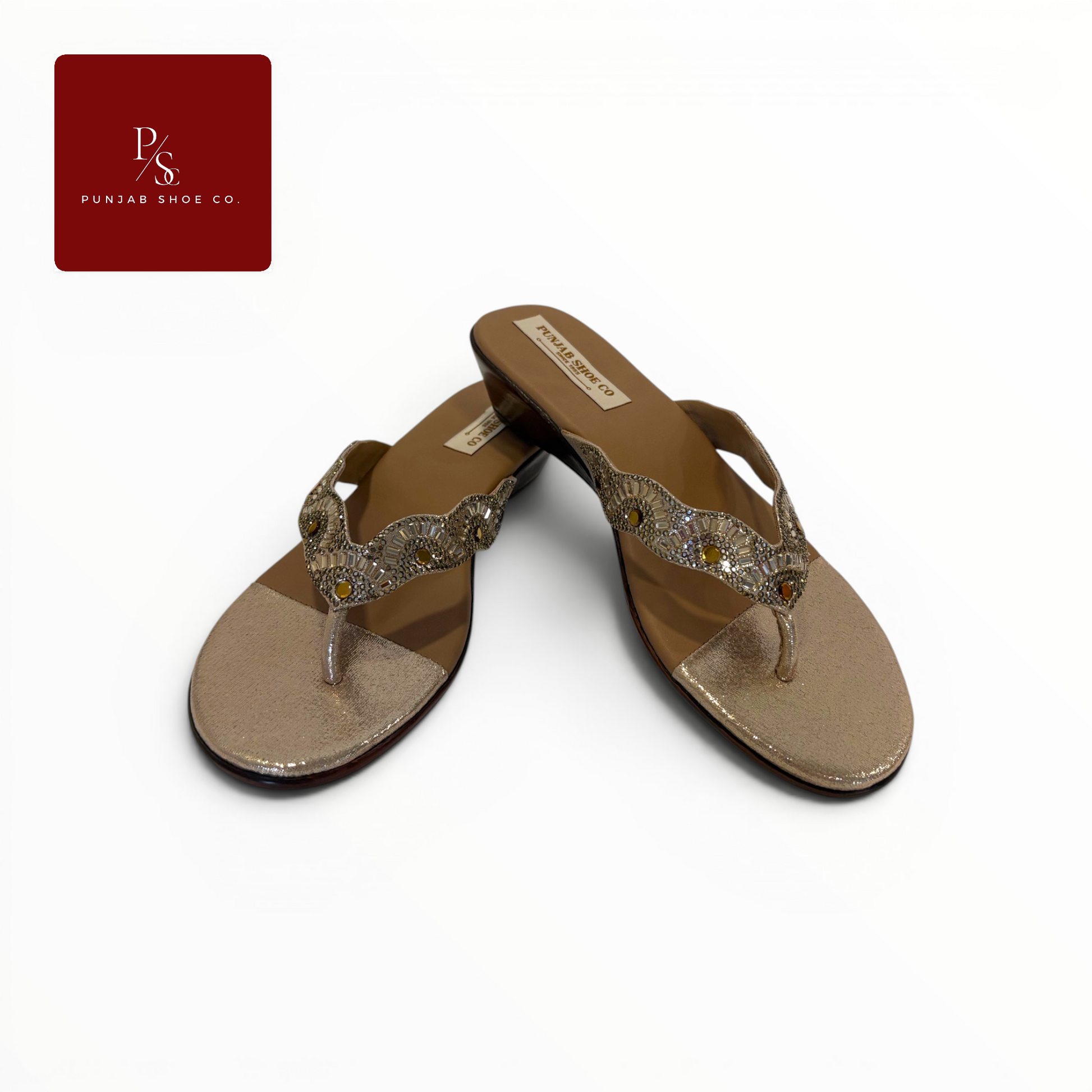 Crystal Baguette Embellished Toe 
Post Flat Sandals in Gold for 
Women — Punjab Shoe Co. 
Kamla Nagar Delhi