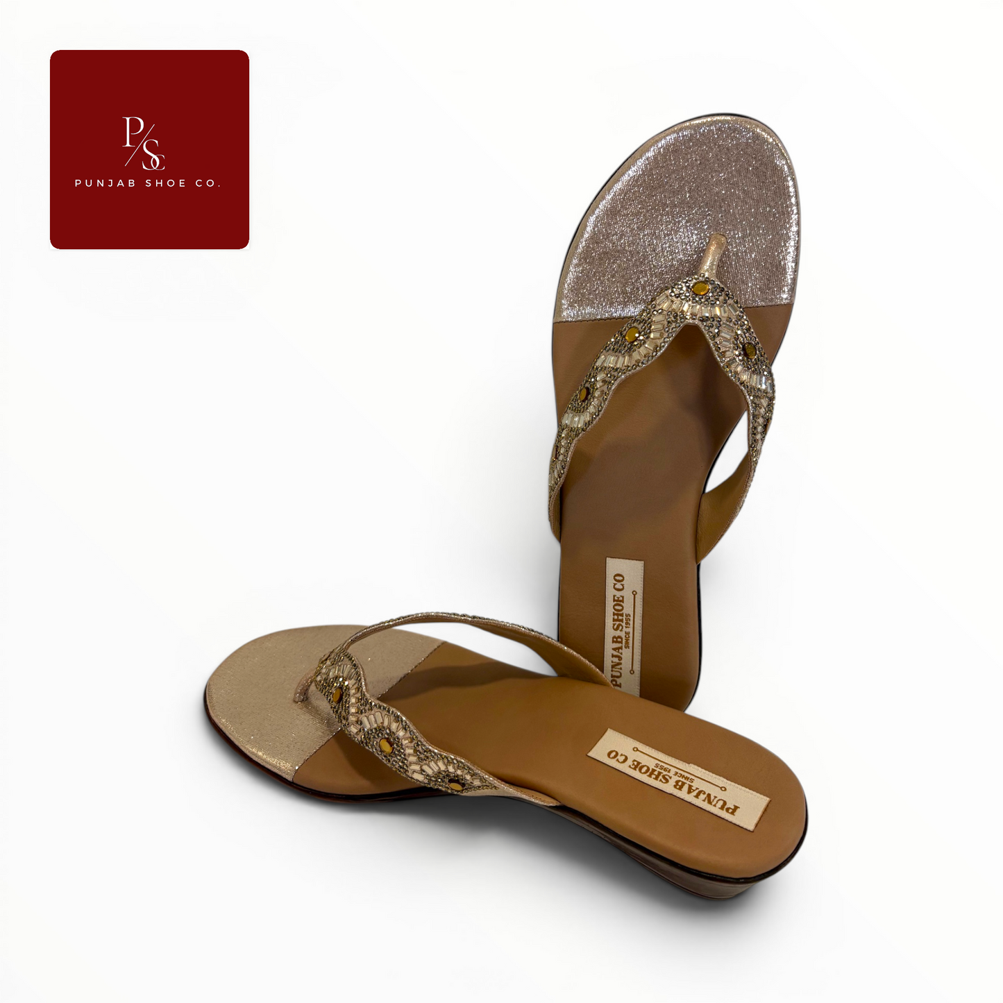 Crystal Baguette Embellished Toe 
Post Flat Sandals in Gold for 
Women — Punjab Shoe Co. 
Kamla Nagar Delhi