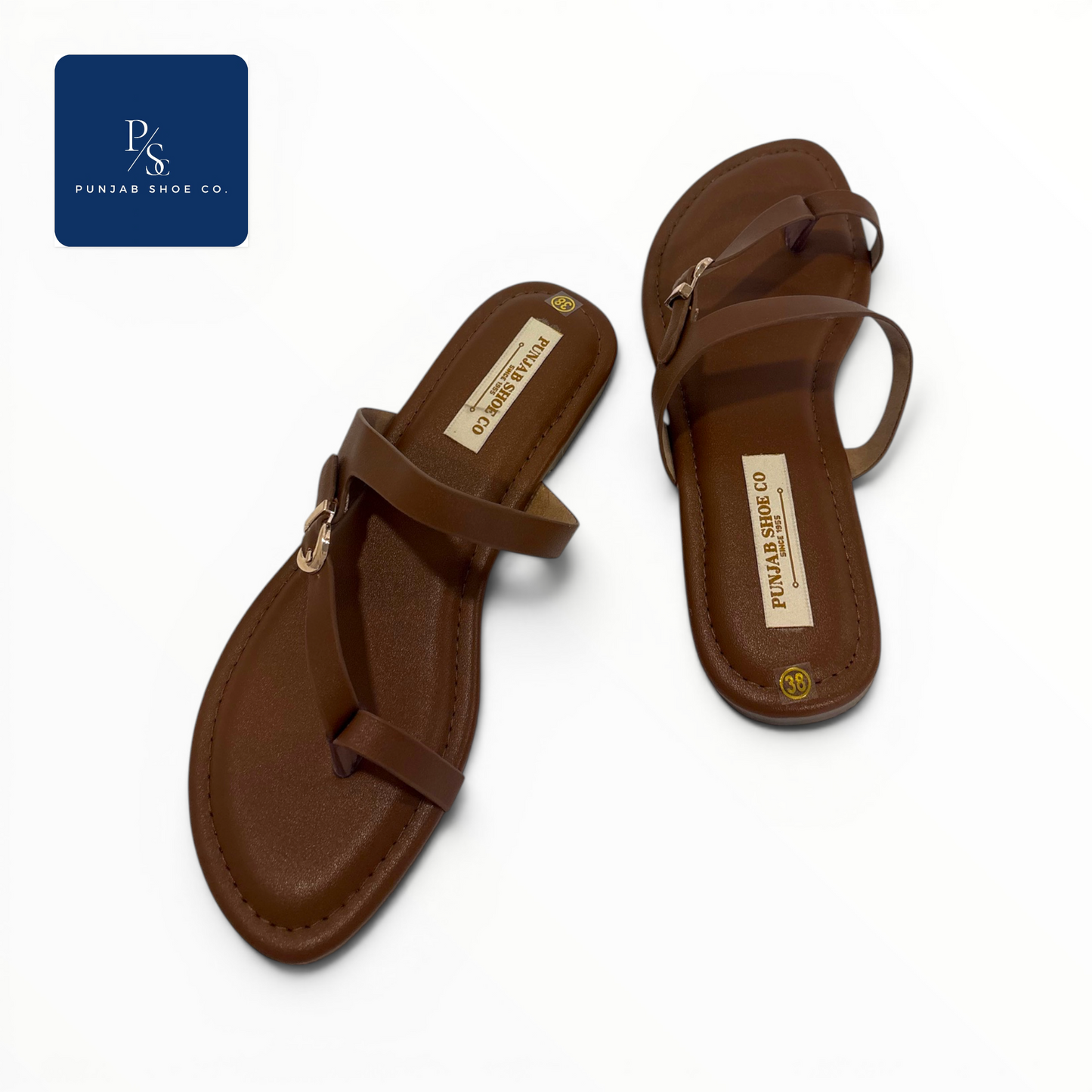 brown minimal toe-ring sandals with metallic detail