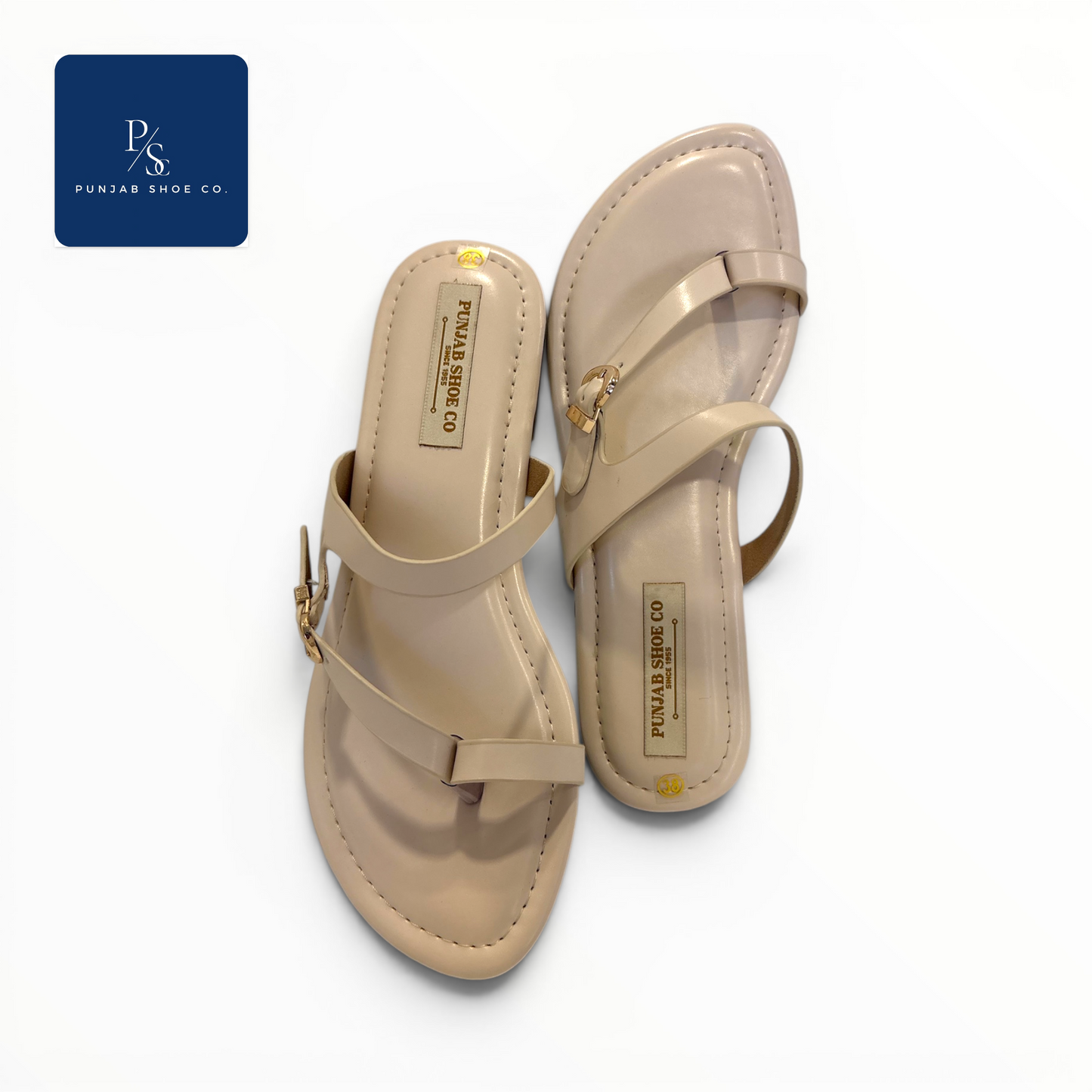 White minimal toe-ring sandals with metallic detail