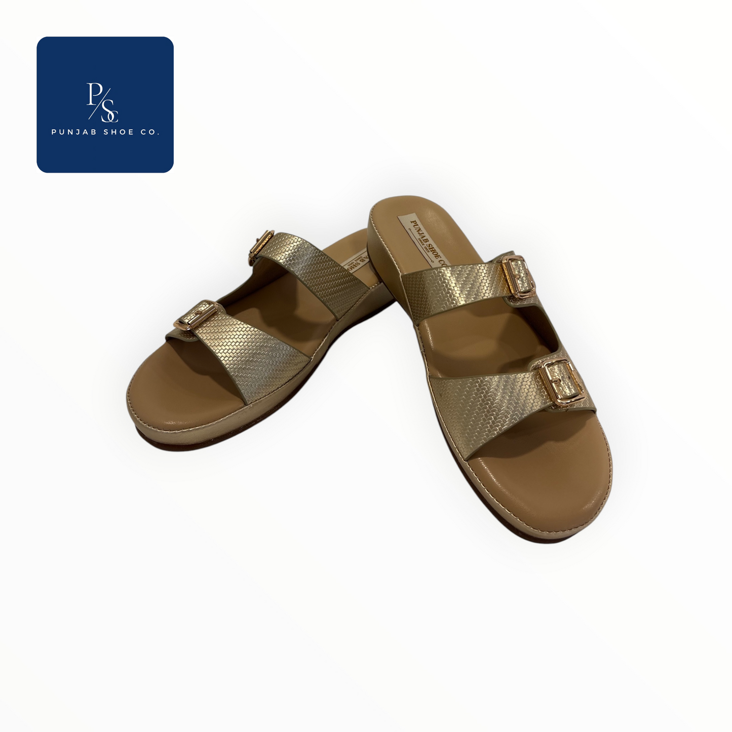 Double Strap Platform Slides with 
Square Gold Buckles in Gold for 
Women — Punjab Shoe Co. 
Kamla Nagar Delhi