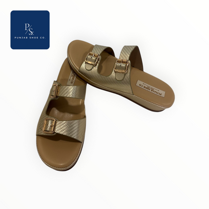 Double Strap Platform Slides with 
Square Gold Buckles in Gold for 
Women — Punjab Shoe Co. 
Kamla Nagar Delhi