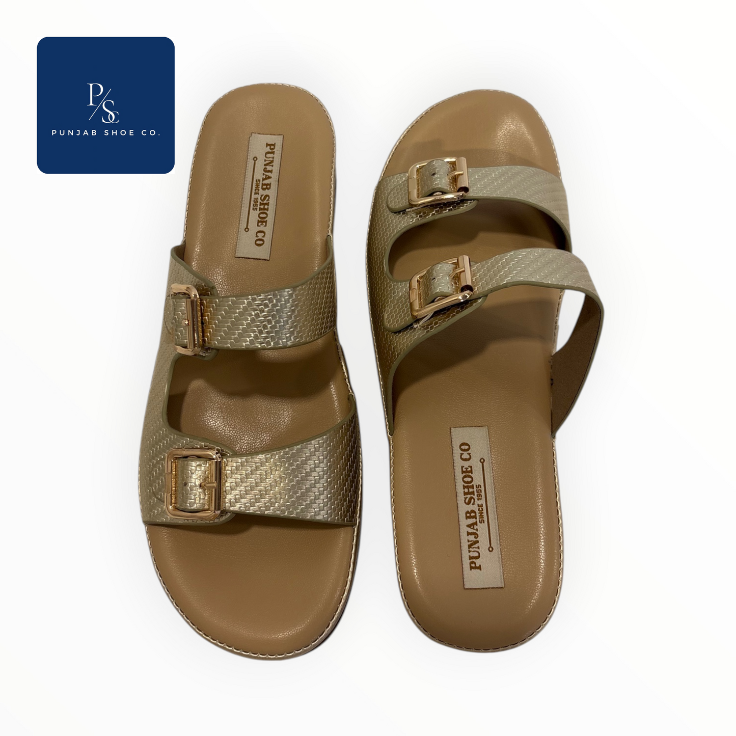 Double Strap Platform Slides with 
Square Gold Buckles in Gold for 
Women — Punjab Shoe Co. 
Kamla Nagar Delhi