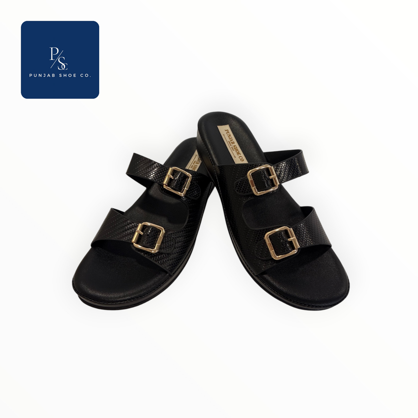 Double Strap Platform Slides with Square Gold Buckles in Black for Women —Punjab Shoe Co. Kamla Nagar Delhi