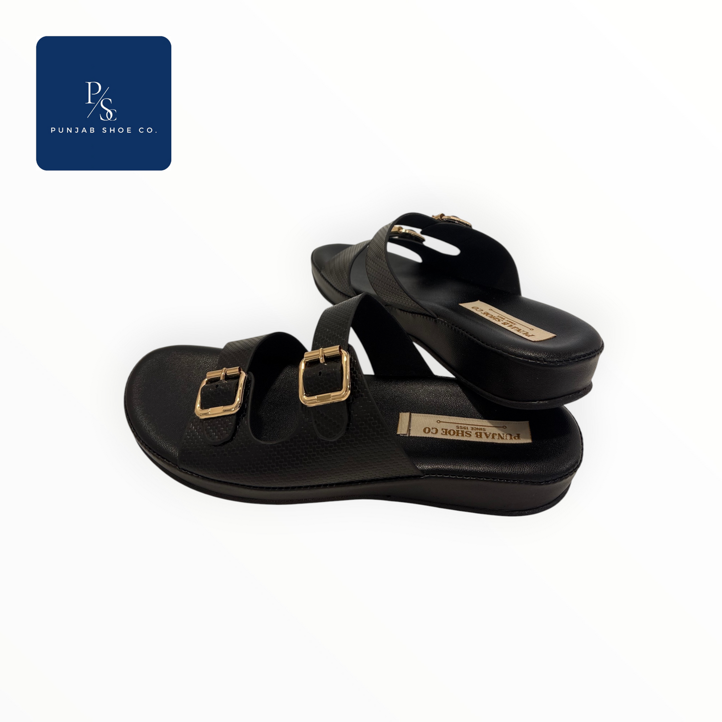 Double Strap Platform Slides with Square Gold Buckles in Black for Women — Punjab Shoe Co. Kamla Nagar Delhi