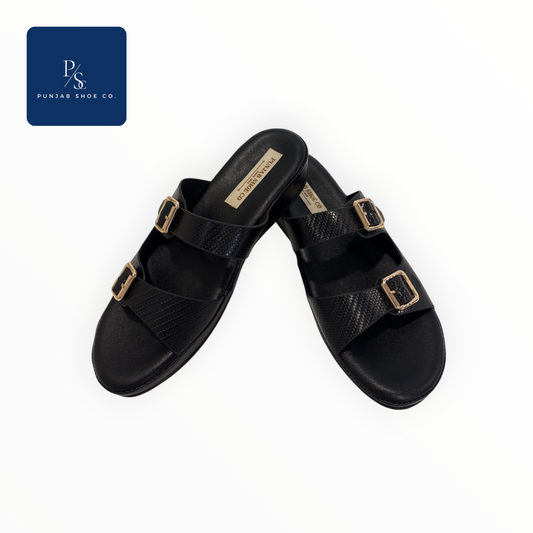 Double Strap Platform Slides with 
Square Gold Buckles in Black for 
Women — Punjab Shoe Co. 
Kamla Nagar Delhi
