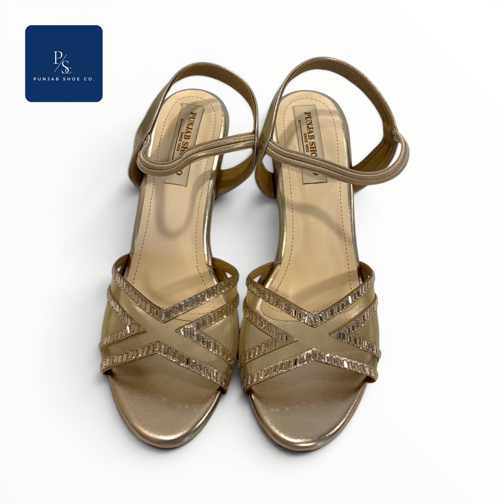 Crystal Embellished Gold Block Heel 
Sandals for Women Punjab Shoe Co. 
Kamla Nagar Delhi