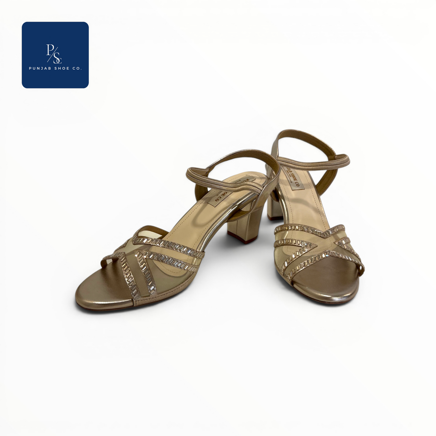 Crystal Embellished Gold Block Heel 
Sandals for Women — Punjab Shoe Co. 
 Delhi