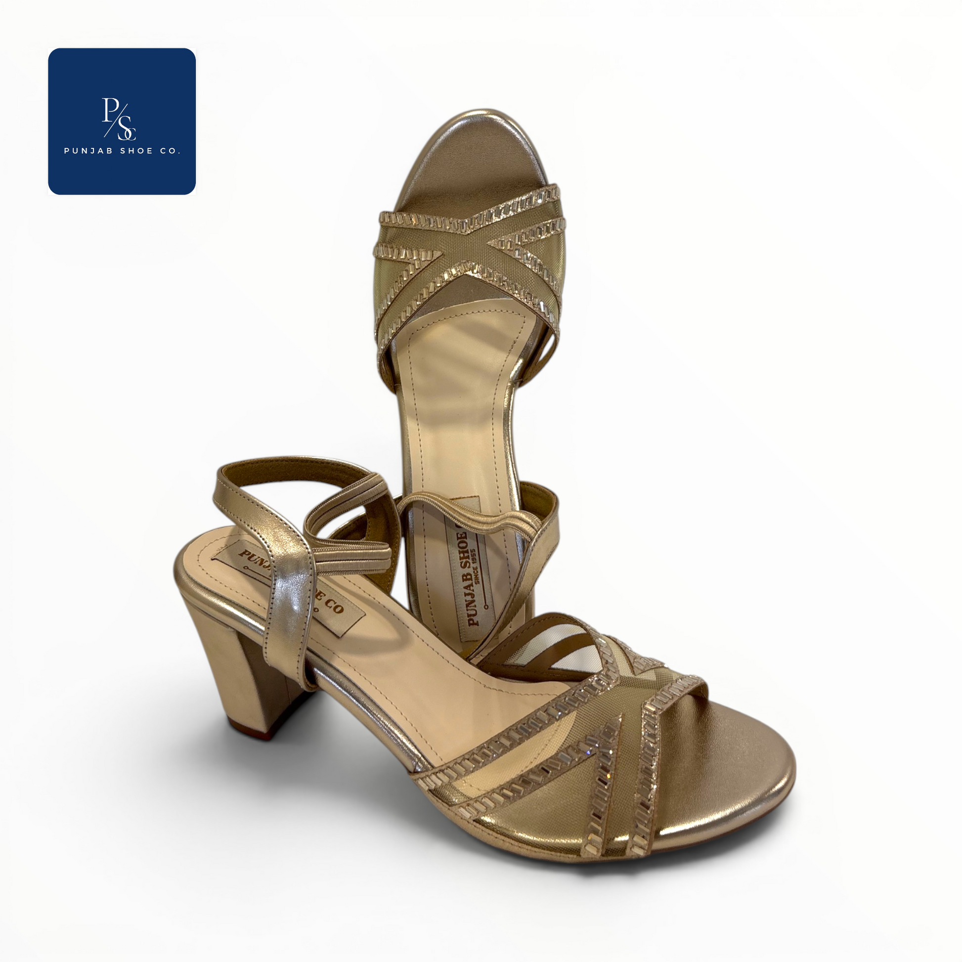 Crystal Embellished Gold Block Heel 
Sandals for Women — Punjab Shoe Co. 
Kamla Nagar Delhi