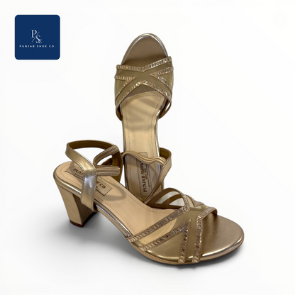 Crystal Embellished Gold Block Heel 
Sandals for Women — Punjab Shoe Co. 
Kamla Nagar Delhi