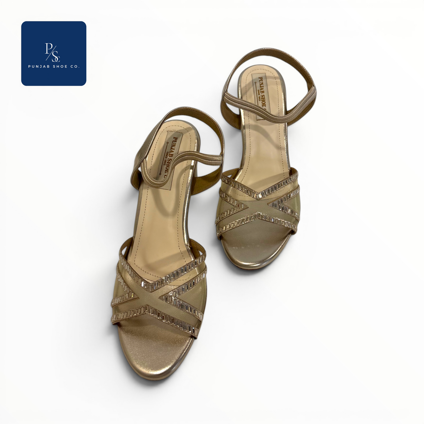 Crystal Embellished Gold Block Heel 
Sandals for Women — Punjab Shoe Co. 
Kamla Nagar Delhi