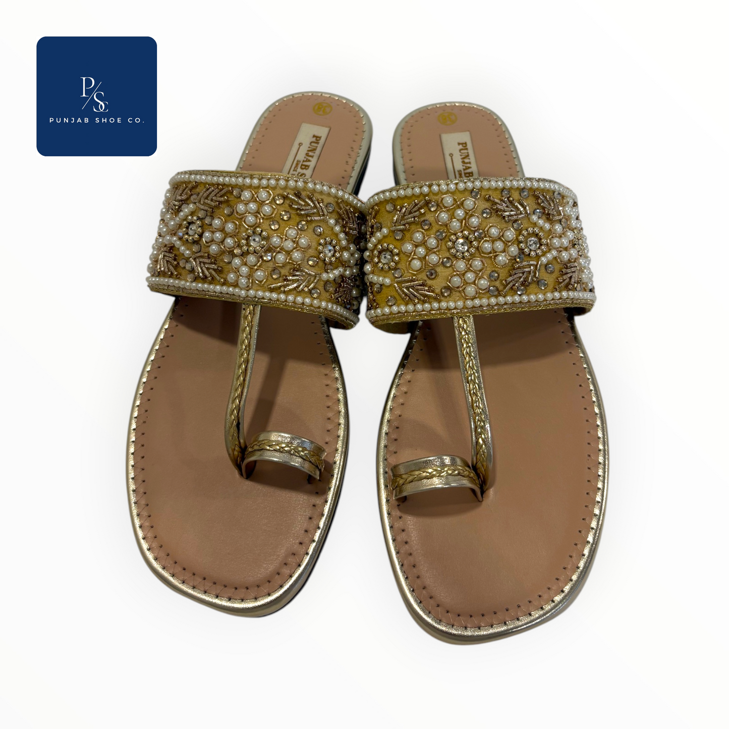 Pearl and Crystal Embellished 
Kolhapuri Flat Sandals in Gold for 
Women — Punjab Shoe Co. 
Kamla Nagar Delhi