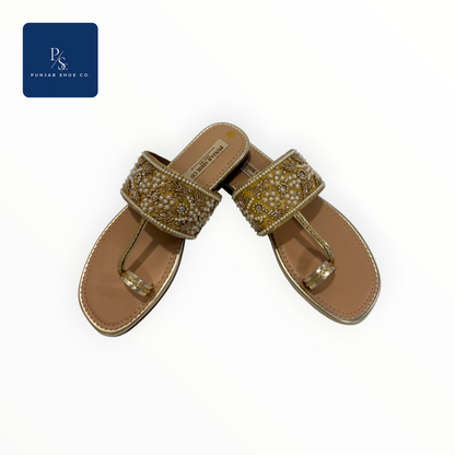 Pearl and Crystal Embellished 
Kolhapuri Flat Sandals in Gold for 
Women — Punjab Shoe Co. 
Kamla Nagar Delhi