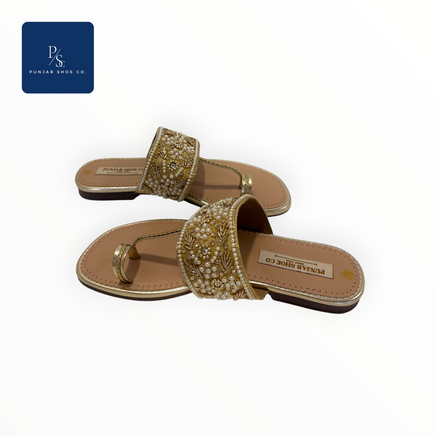 Pearl and Crystal Embellished 
Kolhapuri Flat Sandals in Gold for 
Women — Punjab Shoe Co. 
Kamla Nagar Delhi