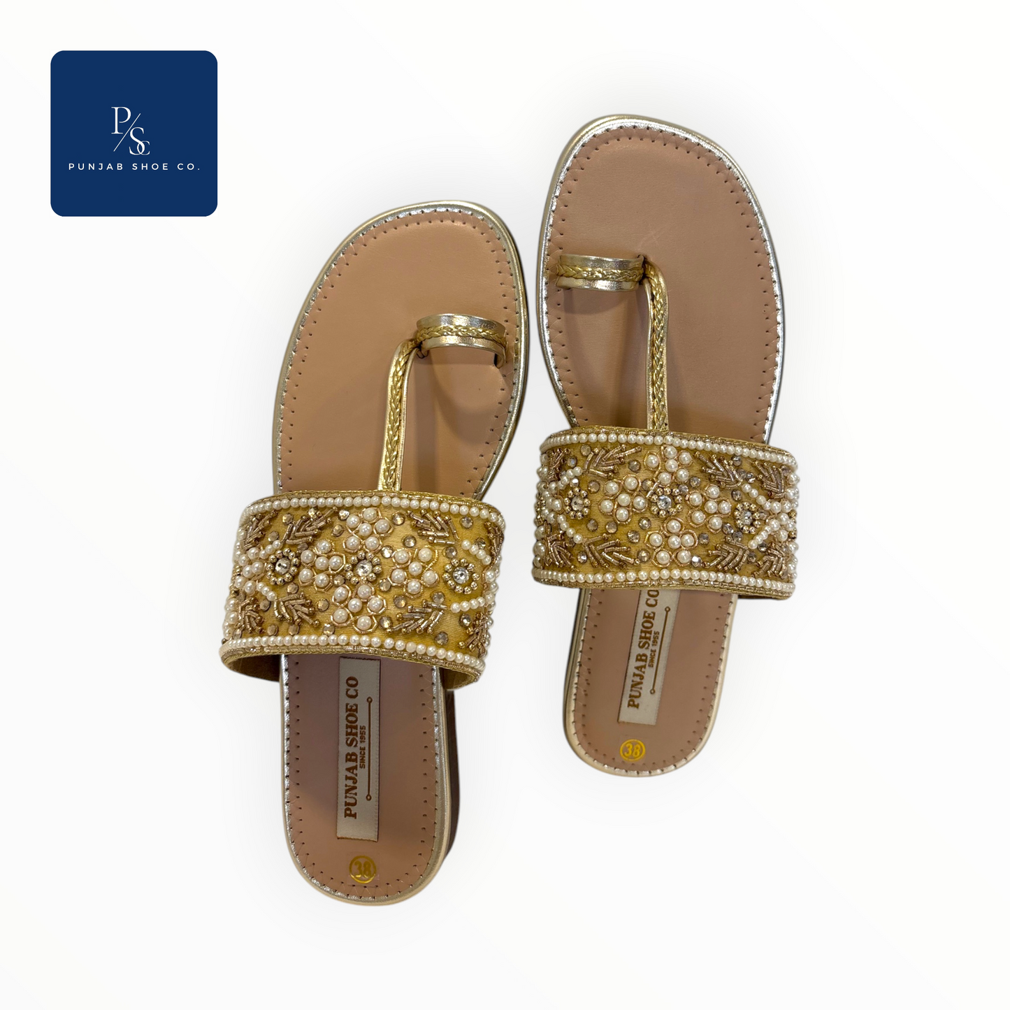 Pearl and Crystal Embellished 
Kolhapuri Flat Sandals in Gold for 
Women — Punjab Shoe Co. 
Kamla Nagar Delhi
