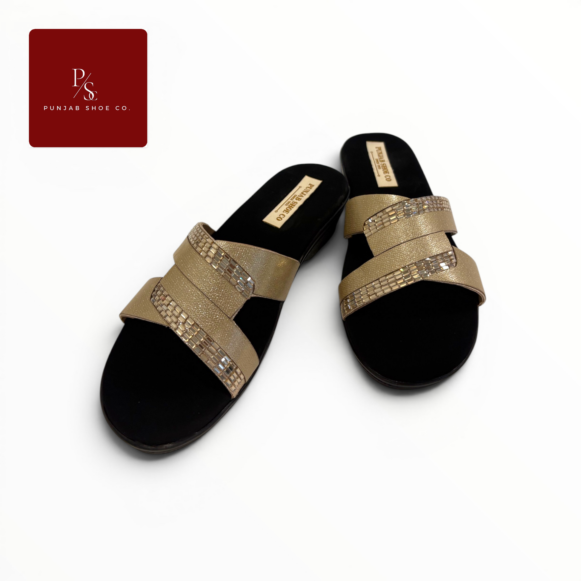 Crystal Embellished Cross-Strap 
Flat Slides in Gold for Women — 
Punjab Shoe Co. Kamla Nagar Delhi