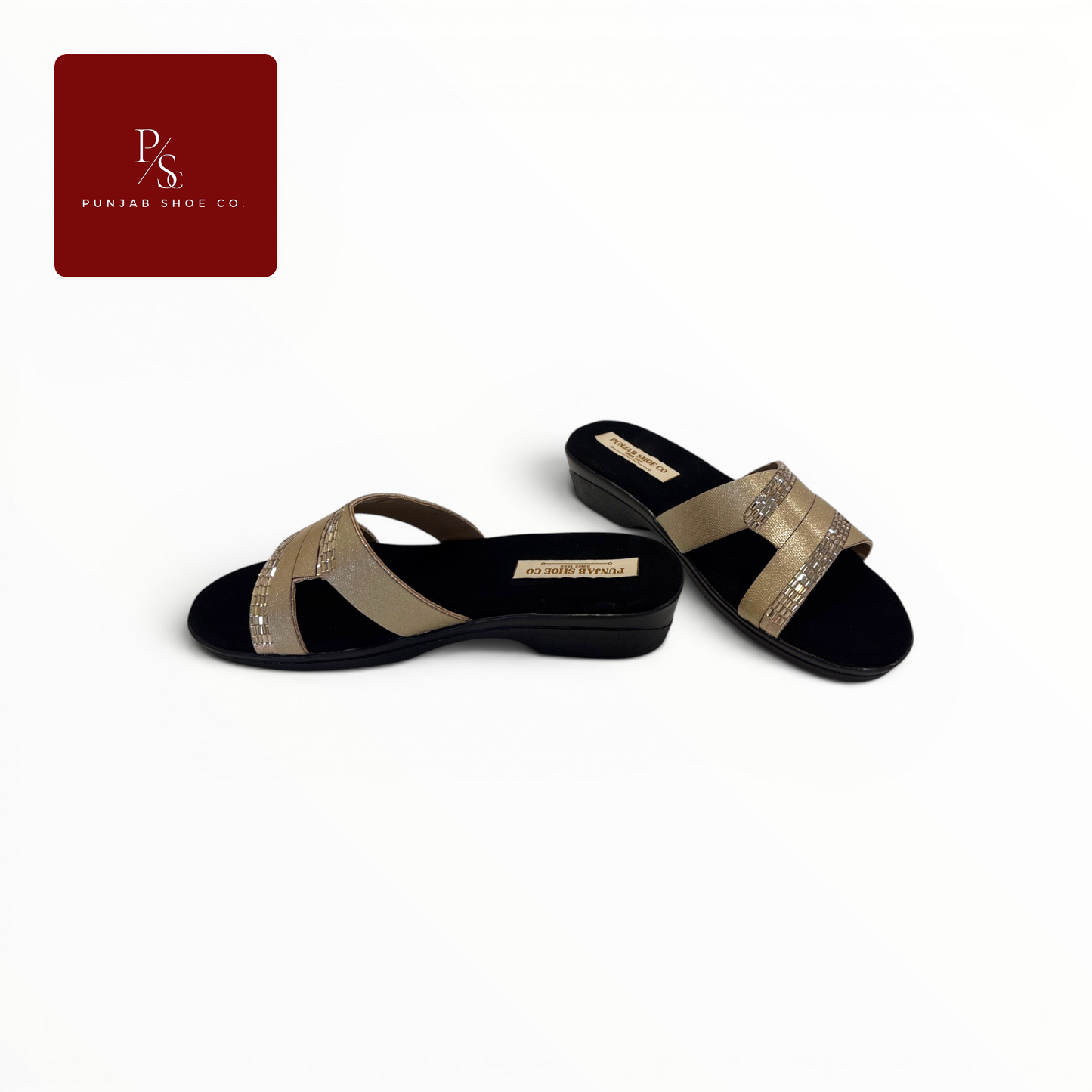 Crystal Embellished Cross-Strap 
Flat Slides in Gold for Women — 
Punjab Shoe Co. Kamla Nagar Delhi