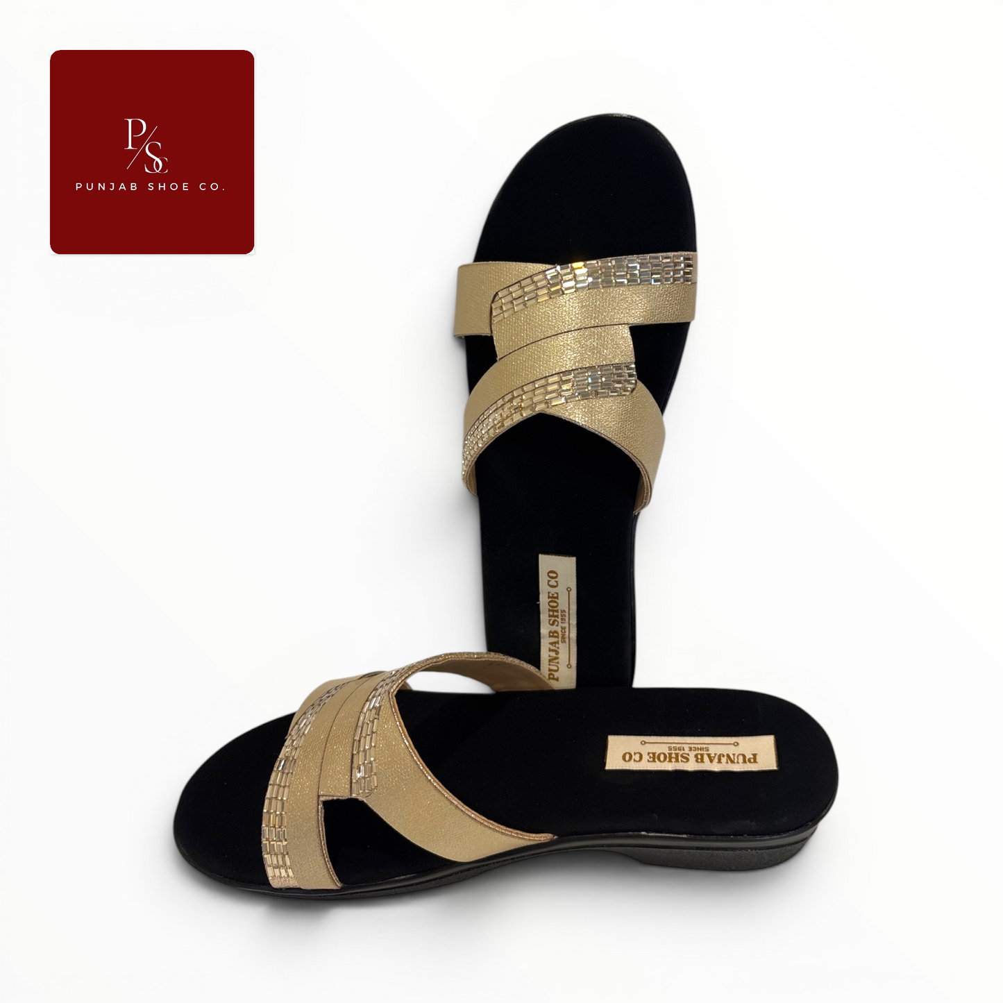 Crystal Embellished Cross-Strap 
Flat Slides in Gold for Women — 
Punjab Shoe Co. Kamla Nagar Delhi